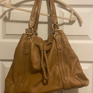 Tan Leather Drawstring Purse clean interior